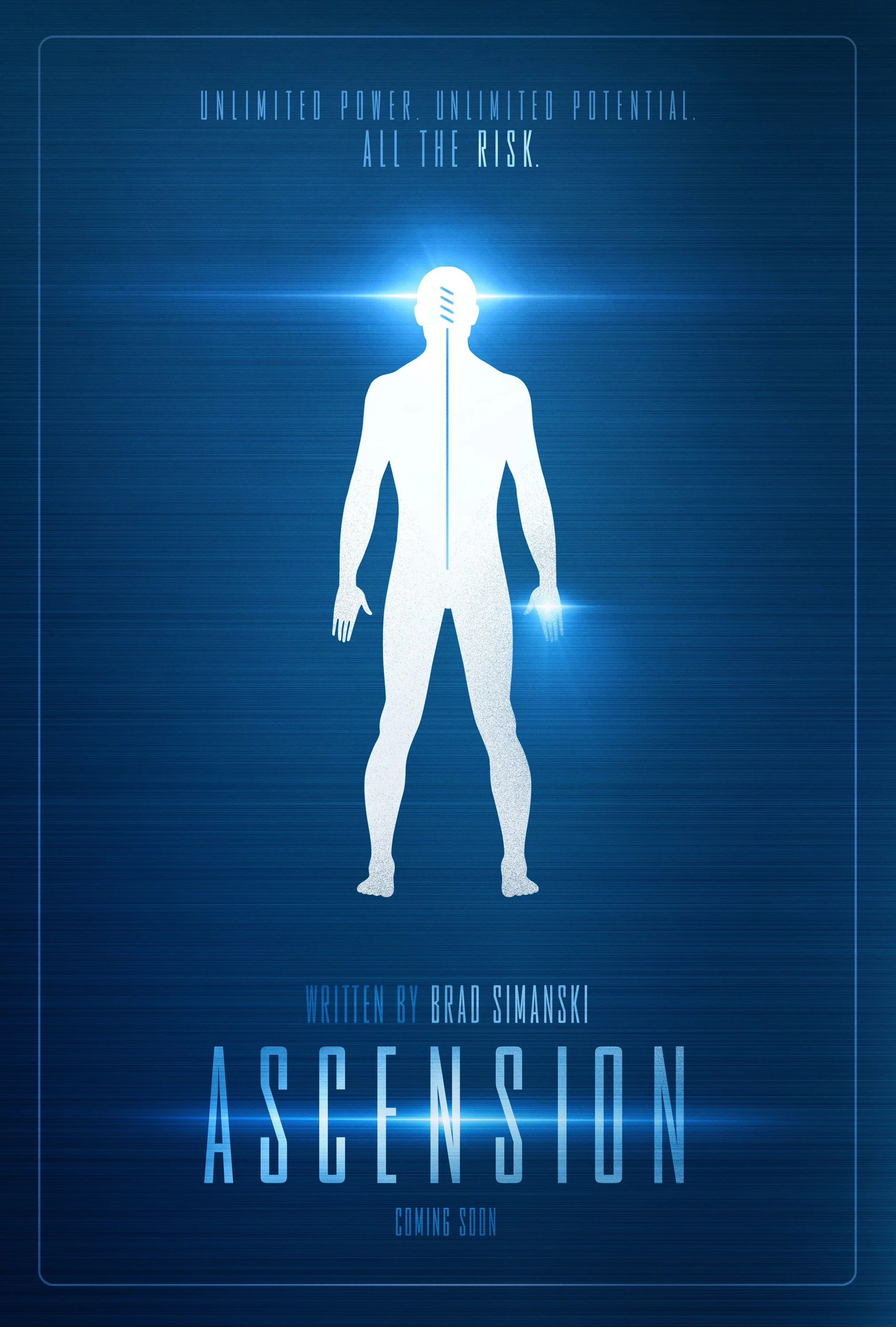 Digital graphic for a book titled 'Ascension'. It features a white silhouette of a human figure with a bright light emitting from the head and a smaller light from the hand, set against a blue background. The text reads 'Unlimited Power. Unlimited Po