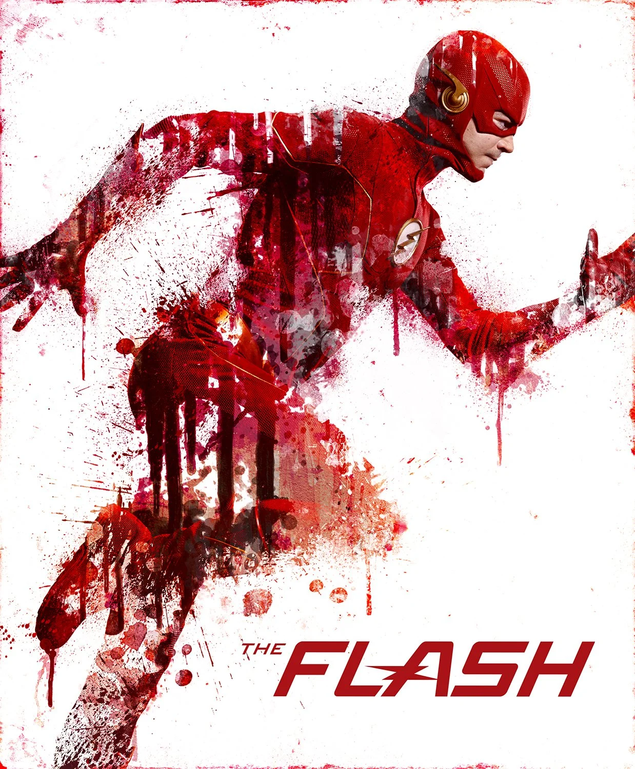 A stylized, artistic poster of The Flash, a superhero in a red costume with a lightning bolt emblem, running with motion blur effects, splashes of red paint, and the text 'The Flash' at the bottom.