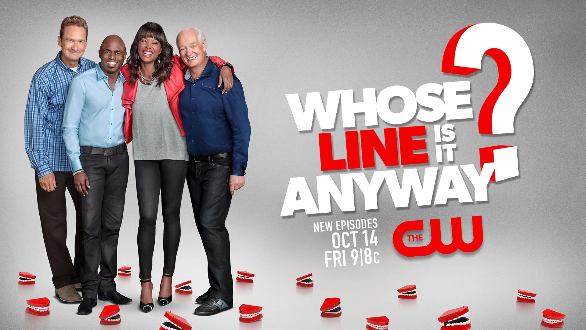 Four diverse people smiling and standing close together, with a large text graphic that reads "Whose line is it anyway?" in red and white font. The CW logo appears at the bottom right.