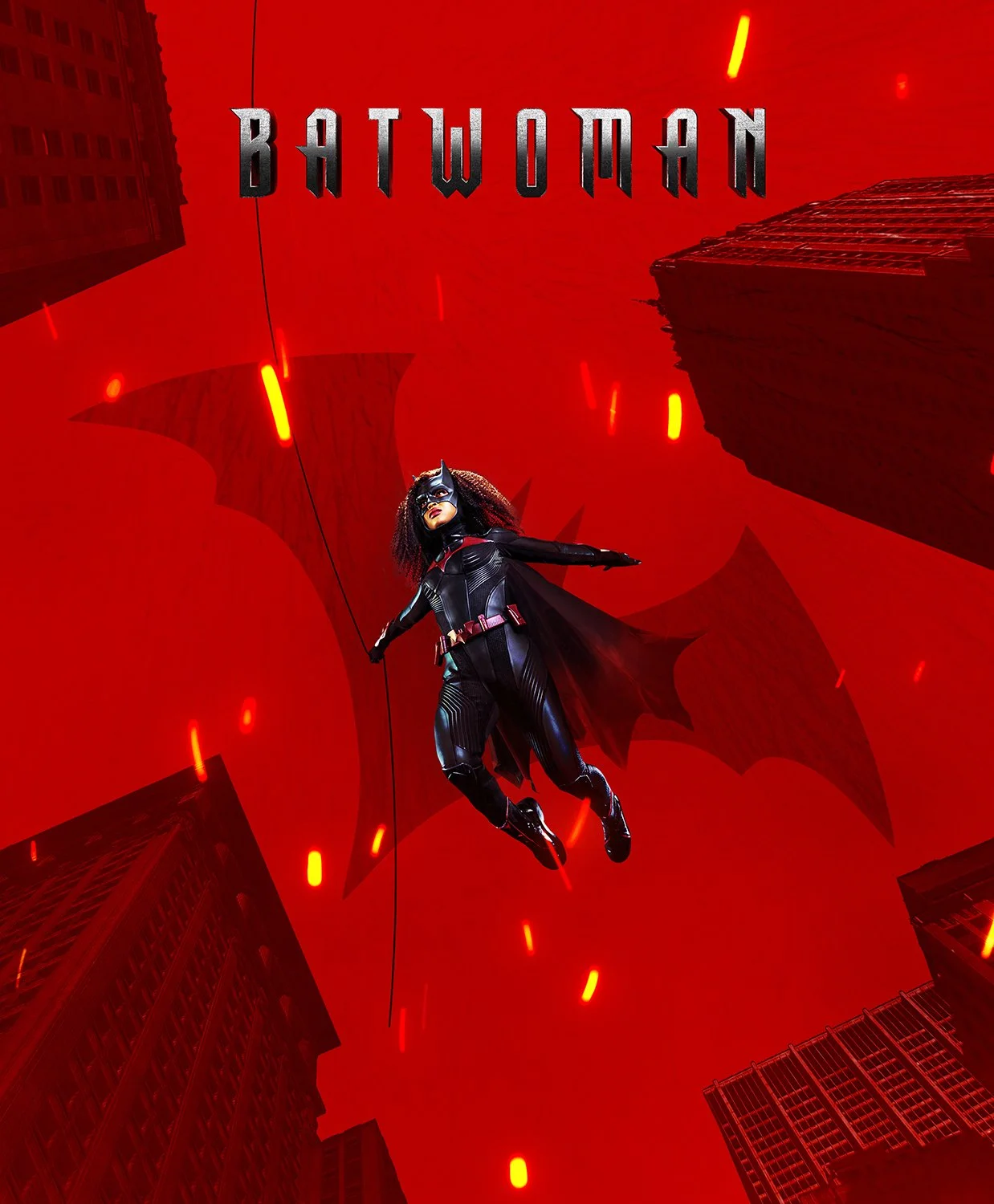 Movie poster for "Batwoman" featuring Batwoman in her costume, flying between tall buildings in a city with a red background.