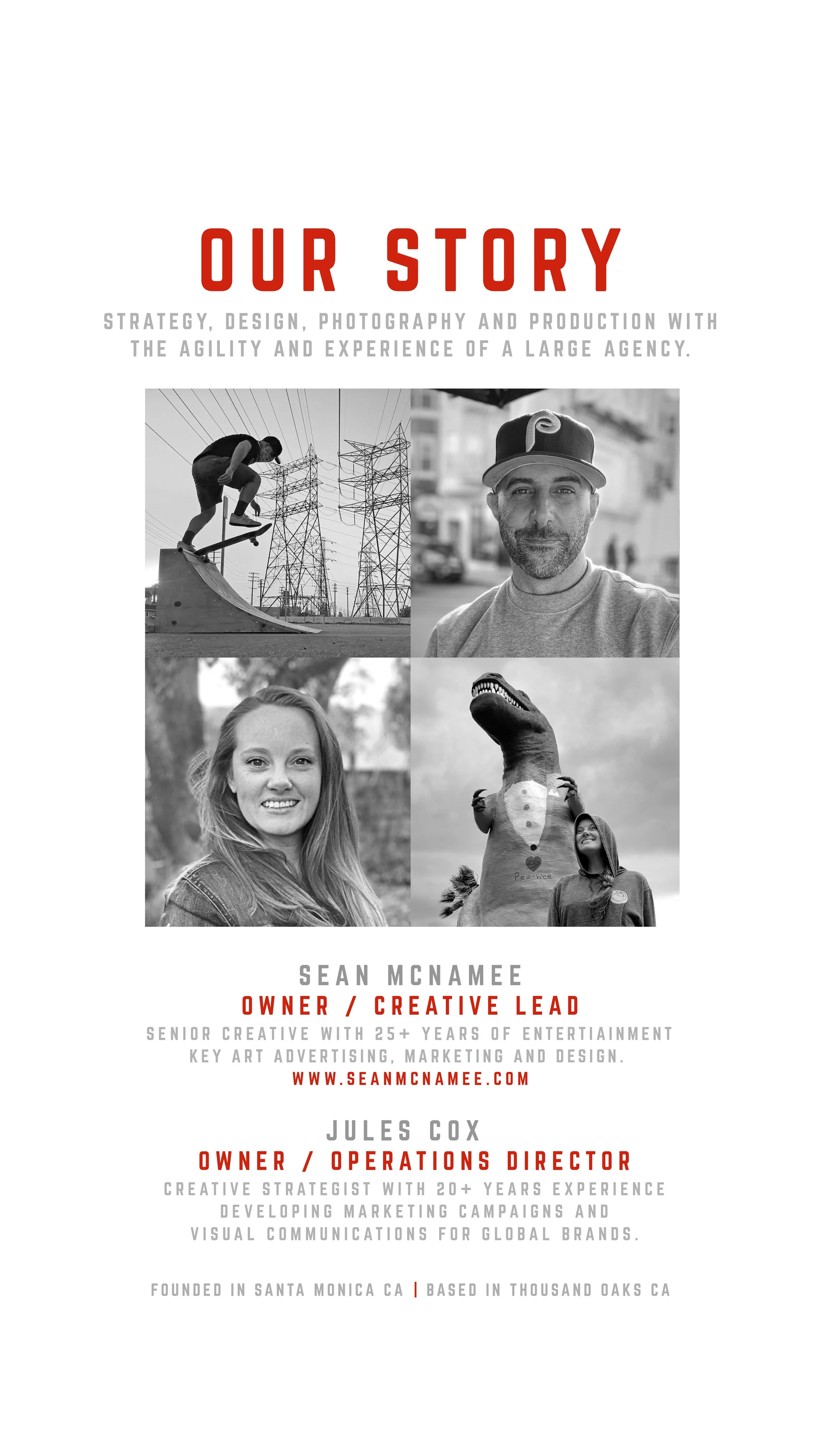 A poster featuring the story of a creative agency with black and white photos of team members and activities. The text includes names and titles of Sean McNamee and Jules Cox, highlighting their roles and experience in marketing and entertainment, al