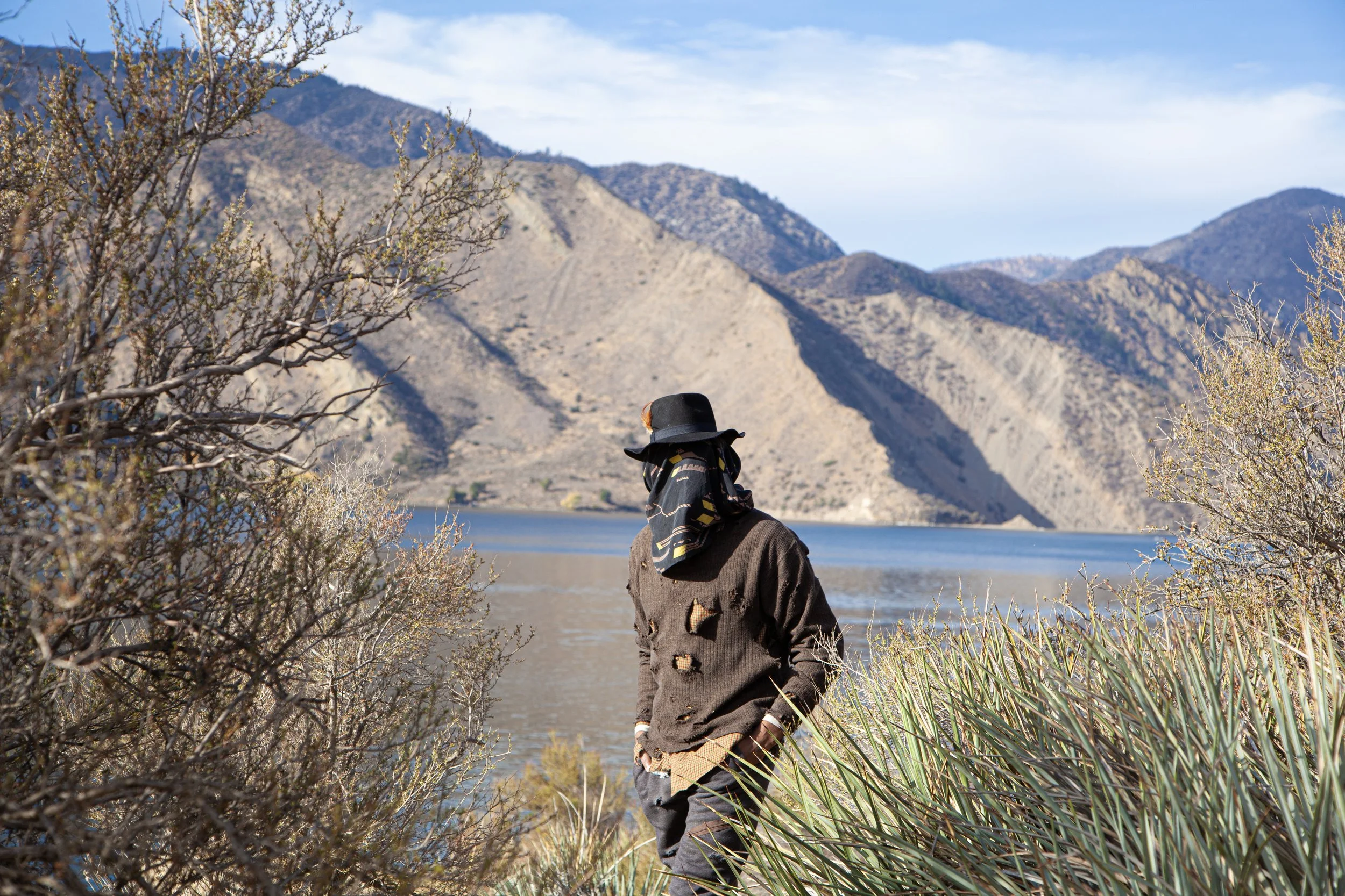 A person dressed in a tattered coat and wide-brimmed hat stands near a body of water, surrounded by sparse bushes and tall grass, with mountains and a partly cloudy sky in the background.