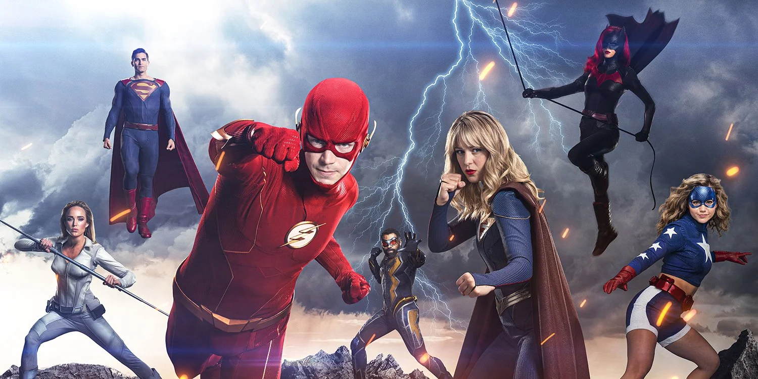 Group of DC superheroes, including The Flash, Superman, Batgirl, Wonder Woman, and others, in a stormy sky with lightning.