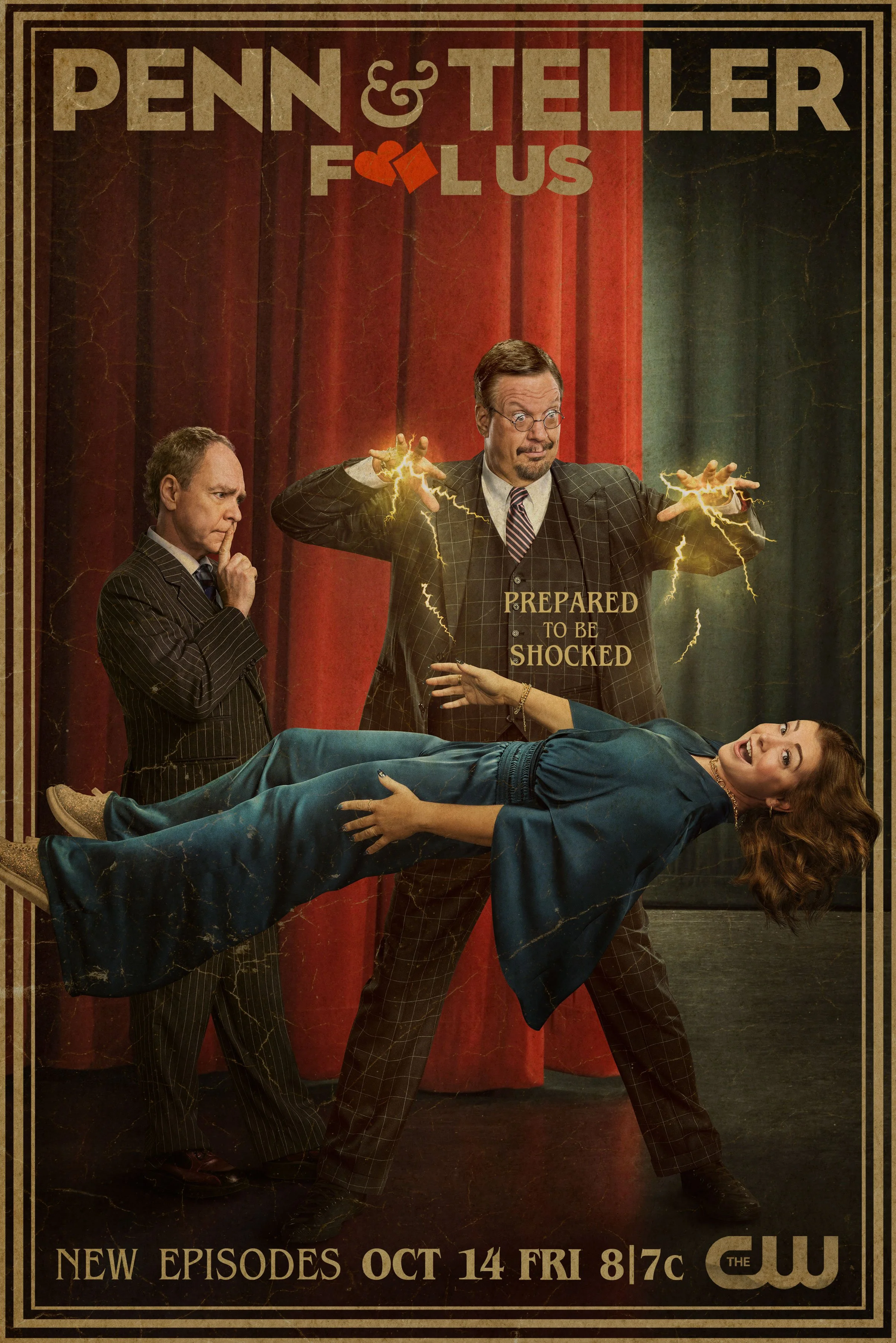 Promo poster for the TV show Penn & Teller: Fool Us with Penn and Teller on stage. Penn is performing a magic trick with lightning effects, while Teller is standing to the side with a finger on his lips. A woman lies on the stage, looking surprised. 