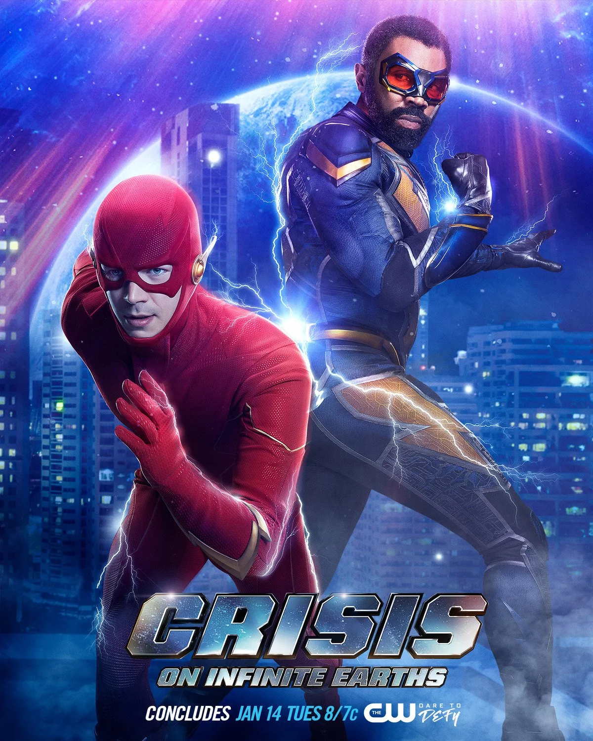 Promotional poster for the show 'Crises on Infinite Earths' featuring The Flash in a red suit and Barry Allen in a black and gold superhero costume with lightning effects, set against a cityscape background with lightning and a large earth and planet
