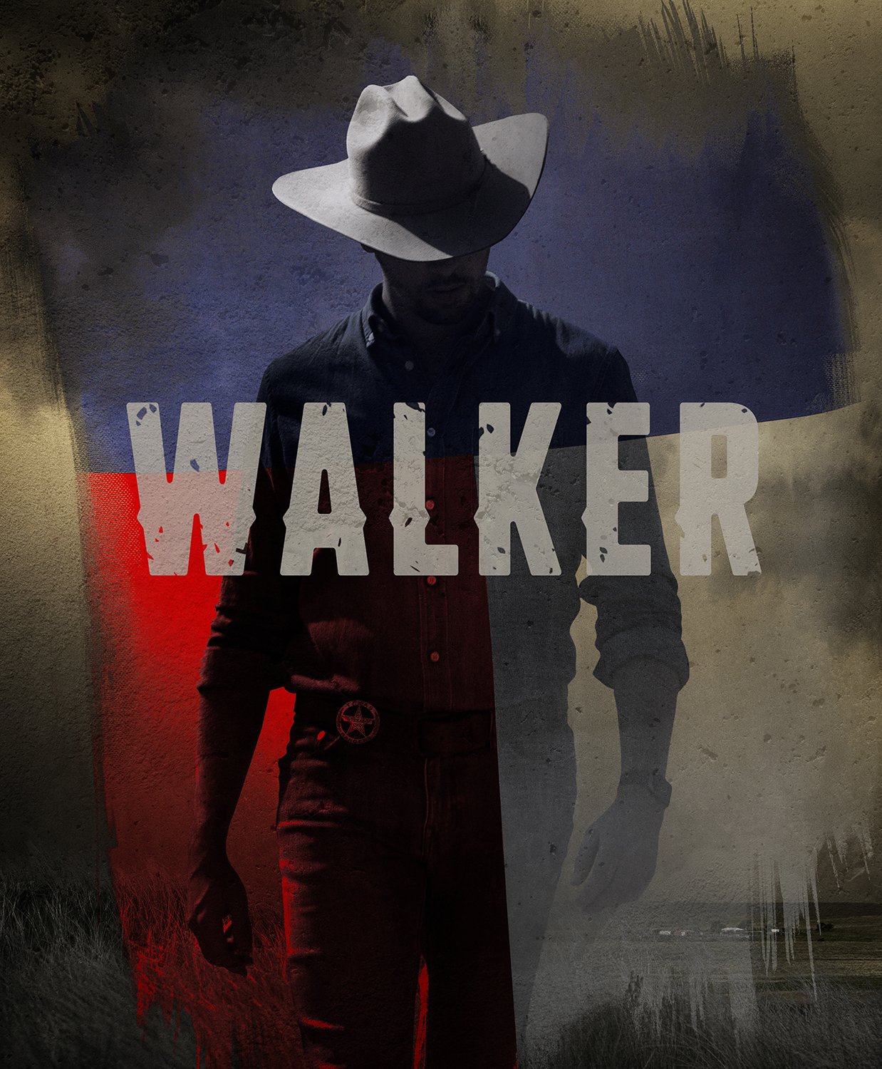 A person wearing a cowboy hat covers most of their face, standing against a textured background with red, blue, and beige colors. The word "WALKER" is overlaid in large, distressed font across the middle of the image.