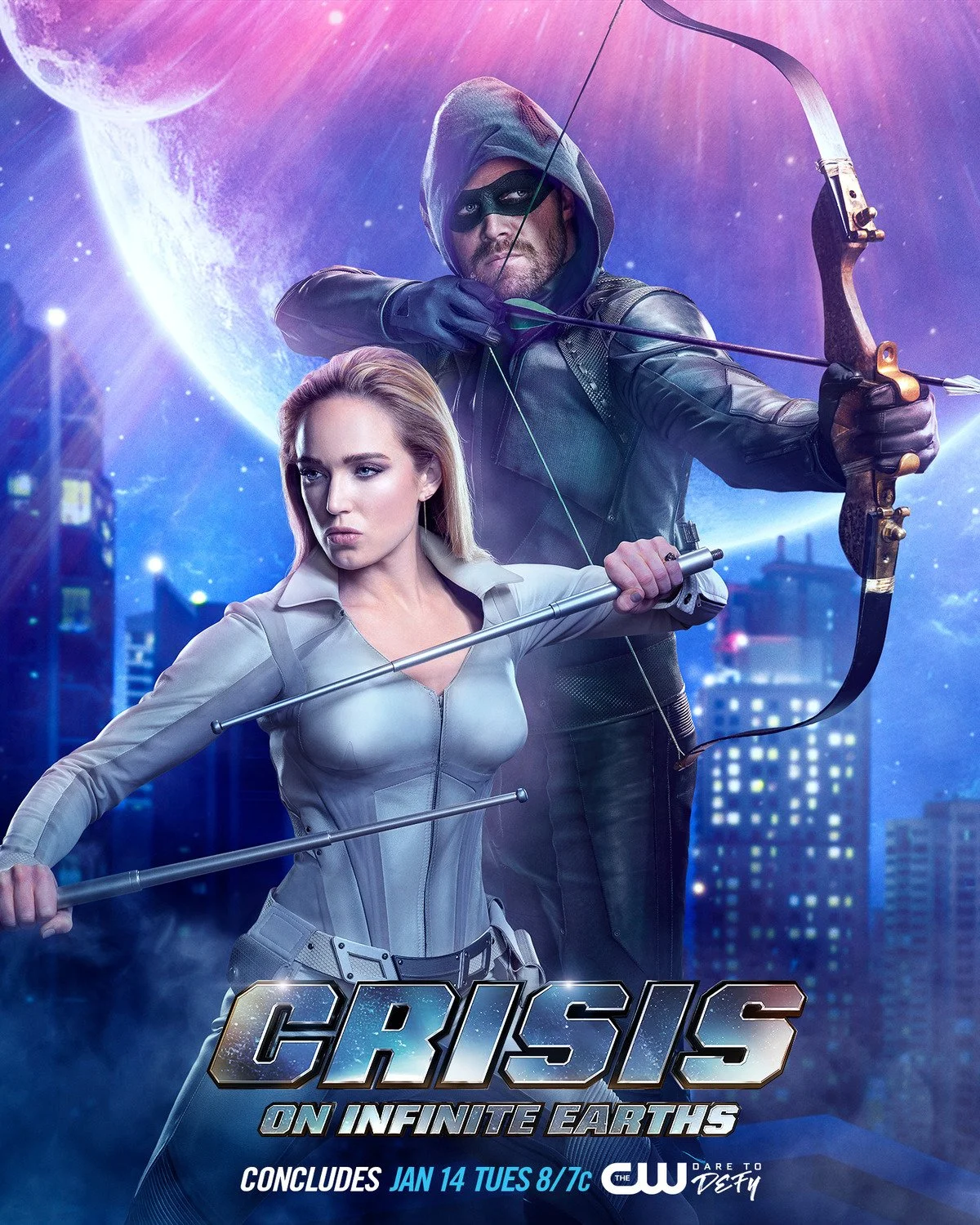 Promotional poster for the TV show "Cruise on Infinite Earths" featuring a man with a bow and arrow and a woman holding another arrow, set against a backdrop of a city skyline and a cosmic sky with the moon.