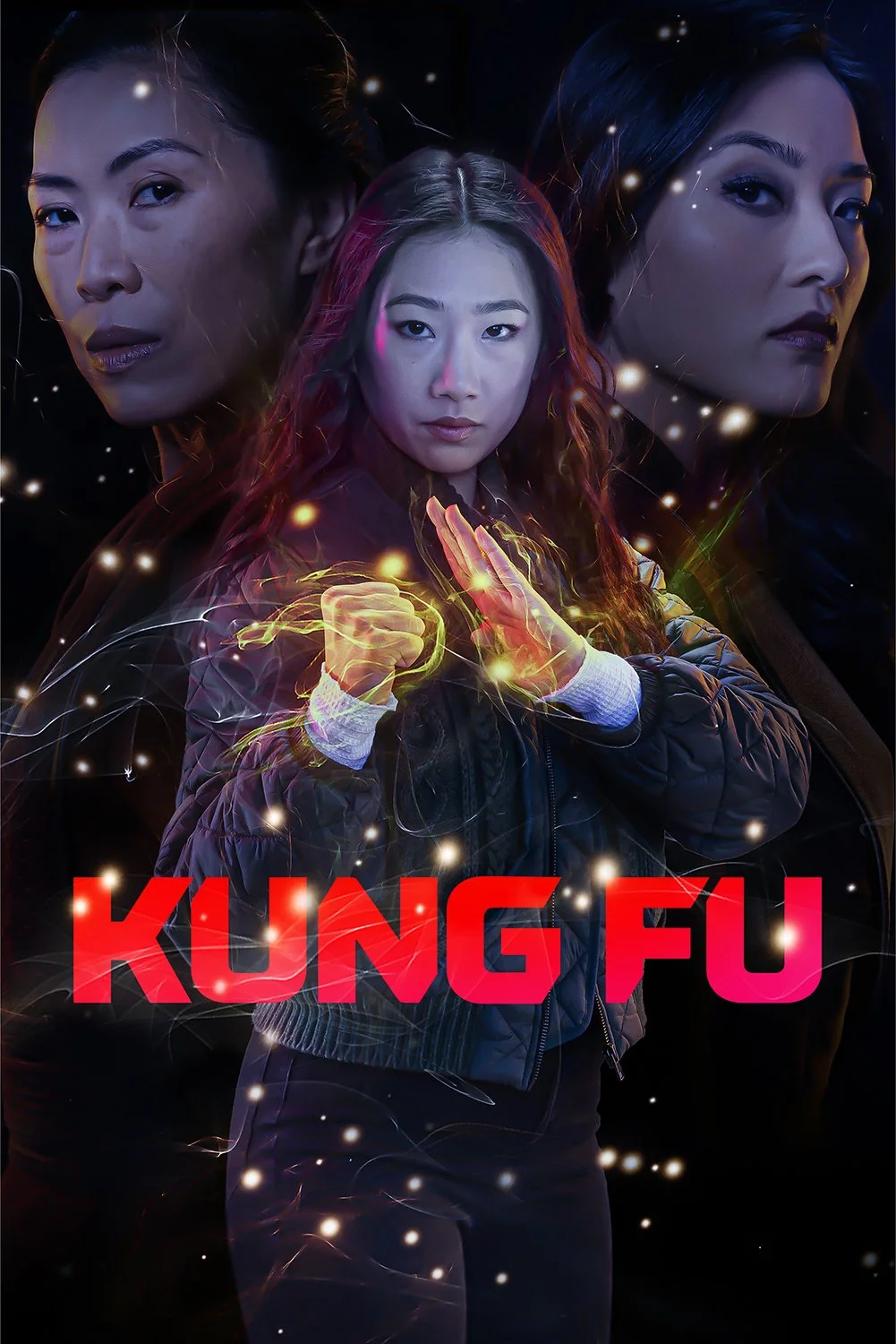 A promotional poster for the movie 'Kung Fu' featuring three women in martial arts stances with supernatural effects, with the title in bold red letters.