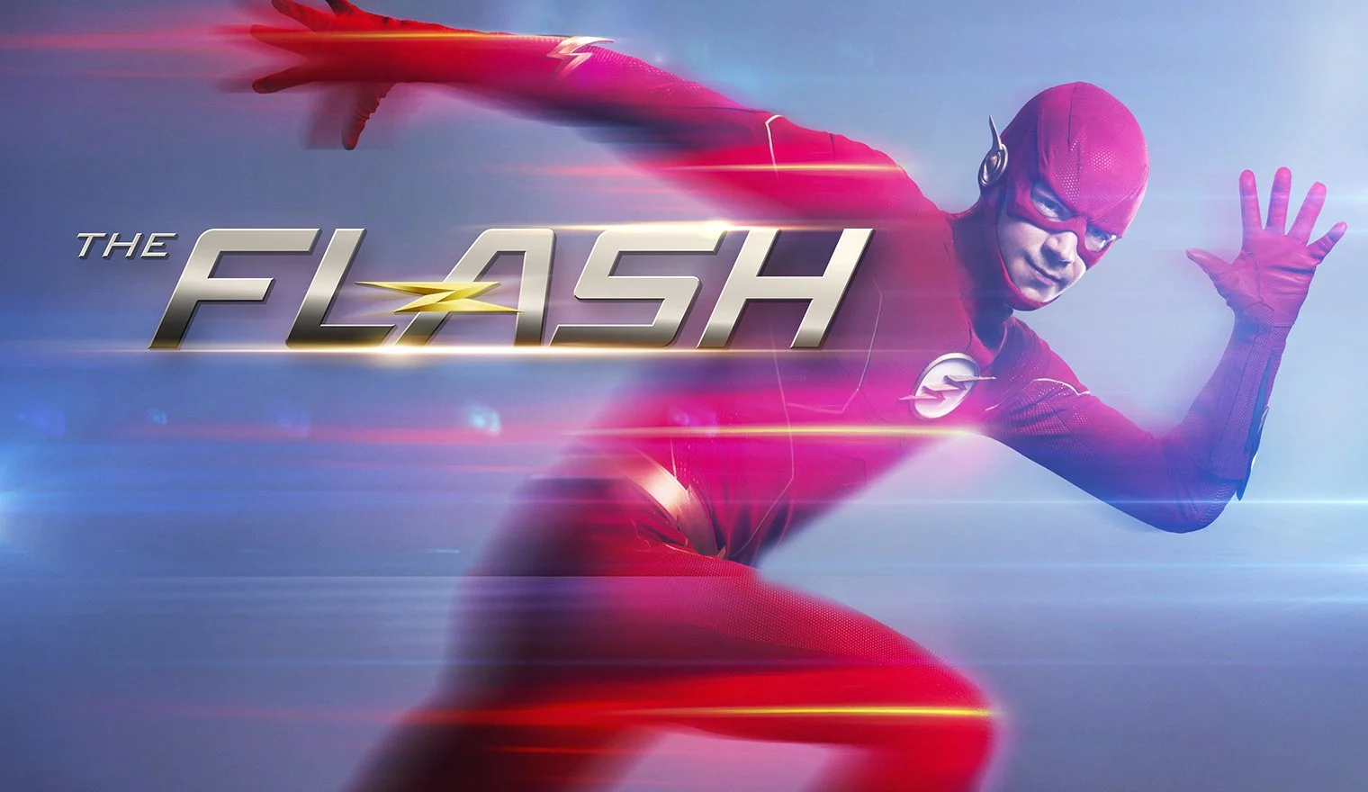 A promotional poster for the movie 'The Flash' featuring a person dressed as the Flash superhero in a red costume with a lightning bolt emblem, running at high speed with motion blur and colorful streaks.