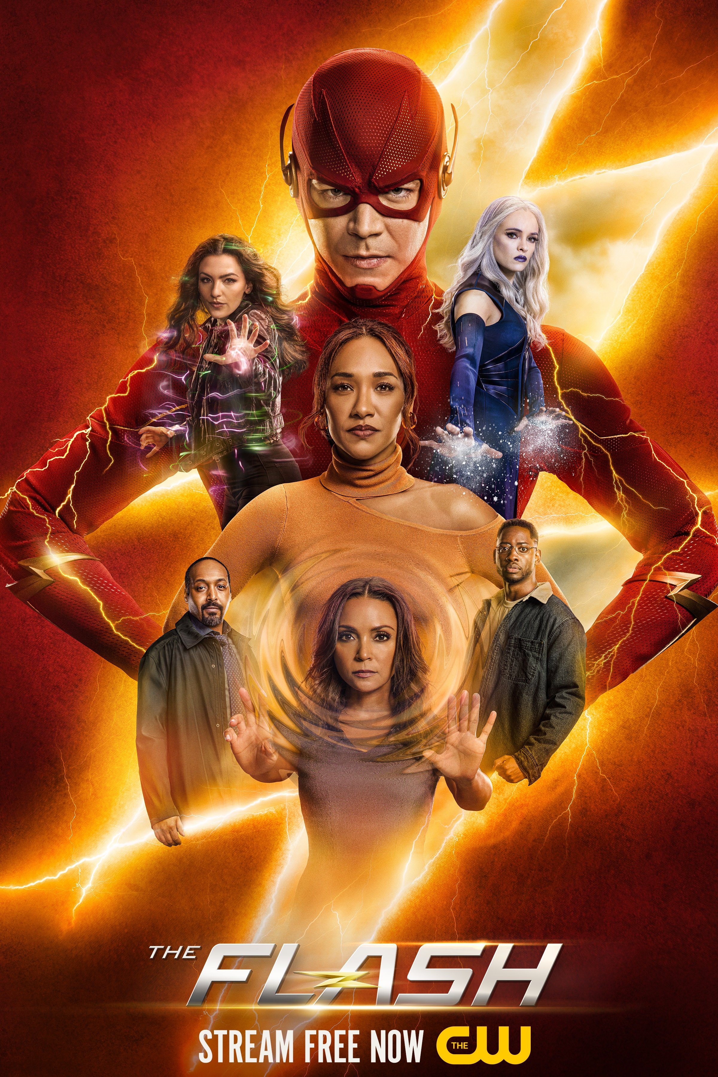 A promotional poster for the TV show "The Flash" featuring the main characters with a lightning background, and a text that says "Stream free now on The CW."