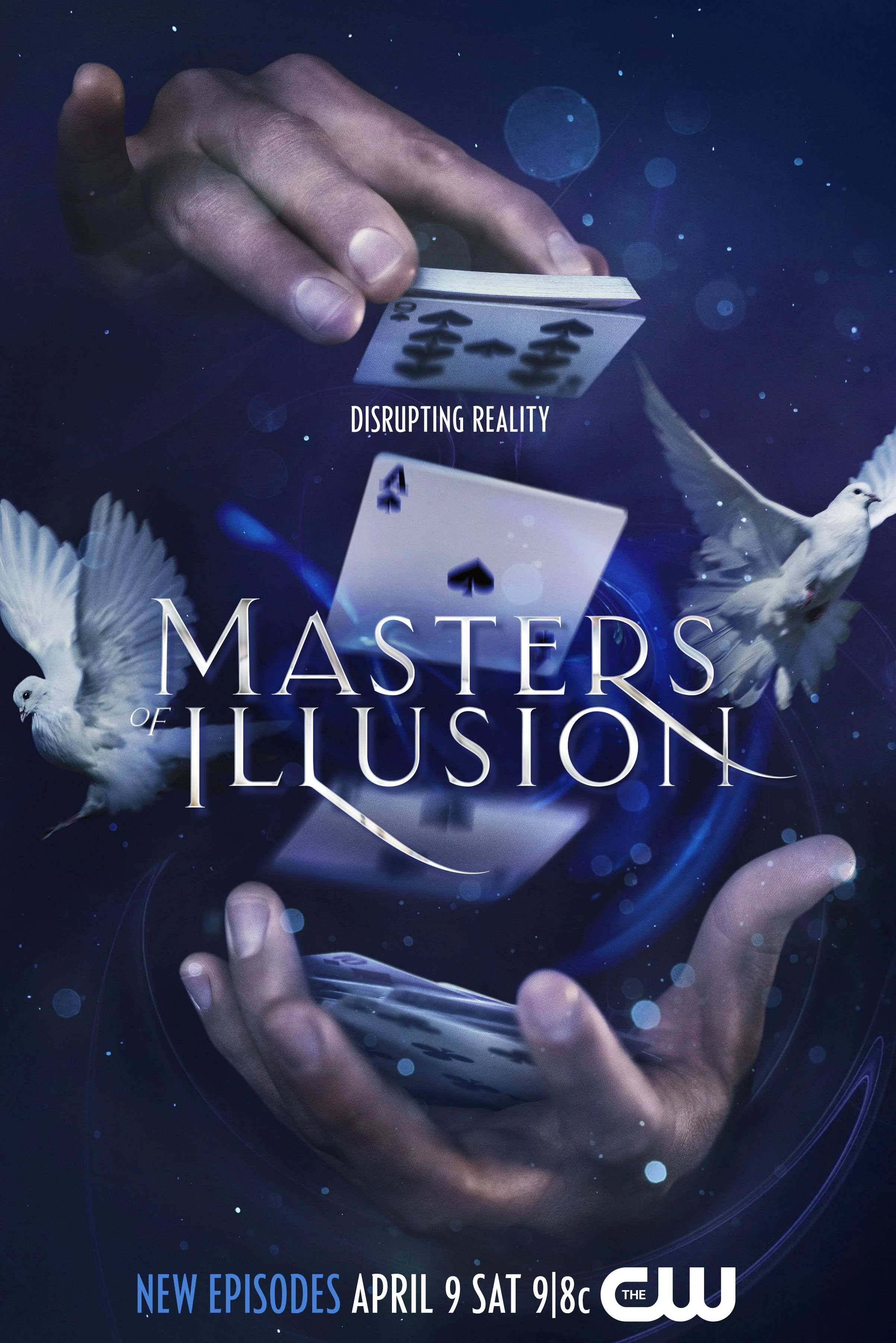 A promotional poster for the TV series "Masters of Illusion" featuring a hand holding a deck of playing cards, with the card faces partially visible. The background shows a night sky with stars, and two white doves flying. The text indicates new epis