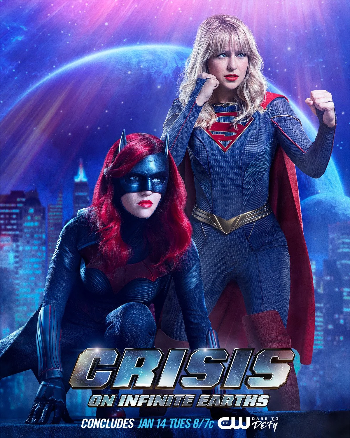 Poster for the movie "Crisis on Infinite Earths" featuring Batwoman with red hair and Batgirl with blonde hair in superhero costumes, set against a city skyline with a futuristic backdrop.