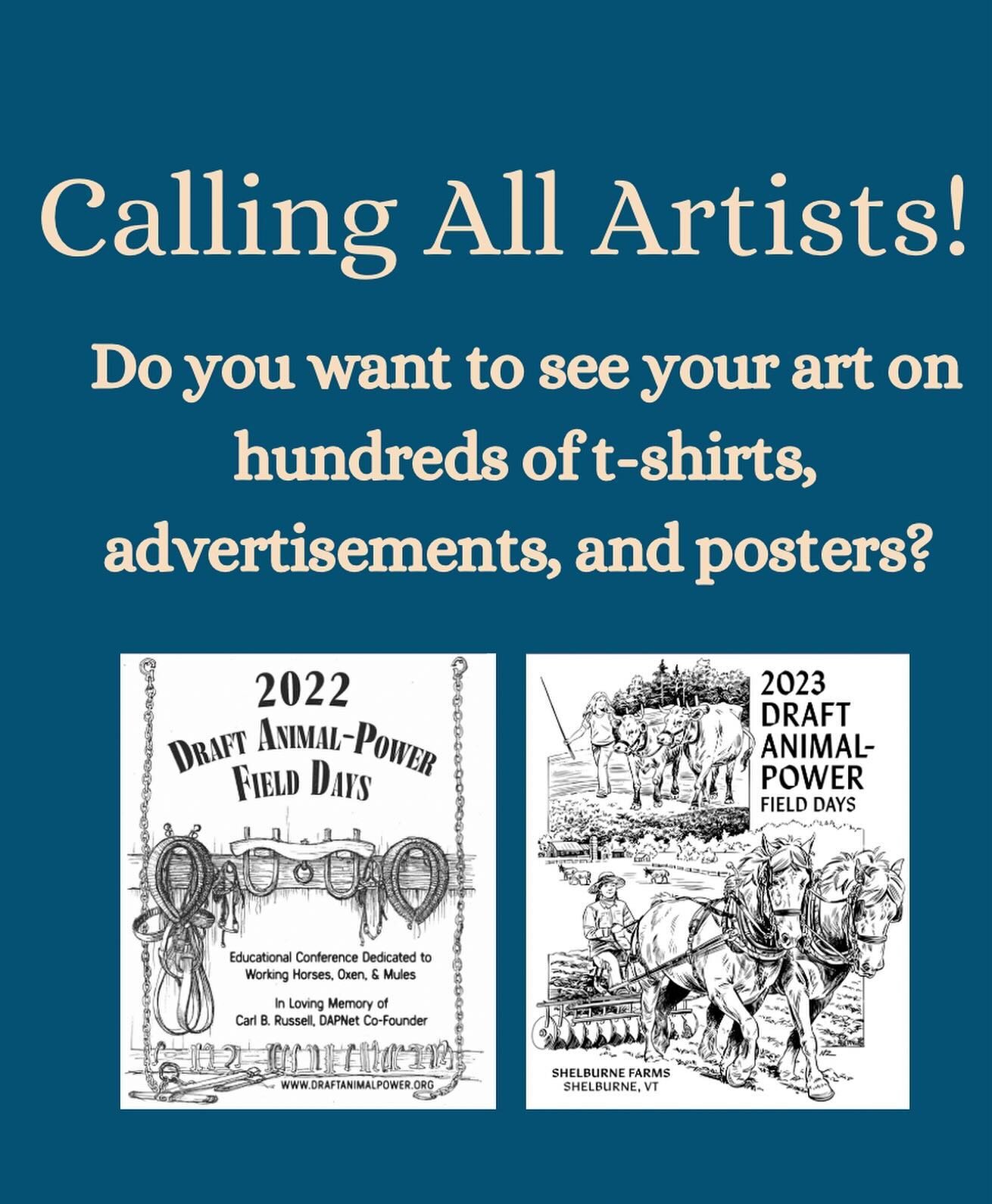 Calling All Artists!
Do you want to see your art on hundreds of t-shirts, advertisements, and posters?

DAPNet is looking for a new design to put on our 2024 Draft Animal-Power Field Days merchandise and promotions. The selected winner will receive f