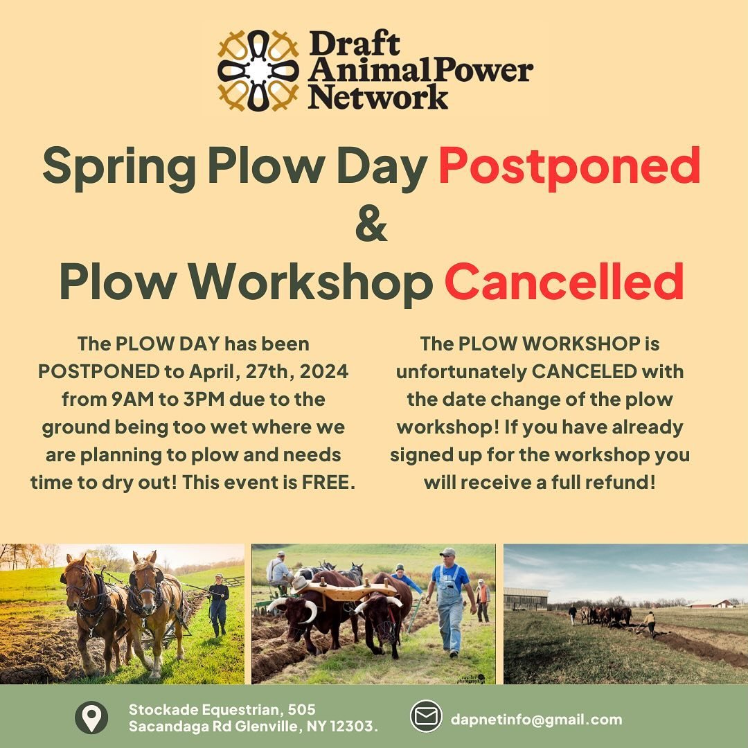 Due to the recent weather our PLOW DAY has been POSTPONED to April, 27th, 2024. The ground is very wet and needs time to dry out! This event is FREE. Let us know you are coming by registering. Link in bio.

Unfortunately the April 19th PLOW WORKSHOP 