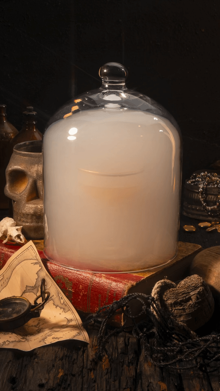 Mystical setup with glass dome, fog, skull mug, compass, map, and jewelry.