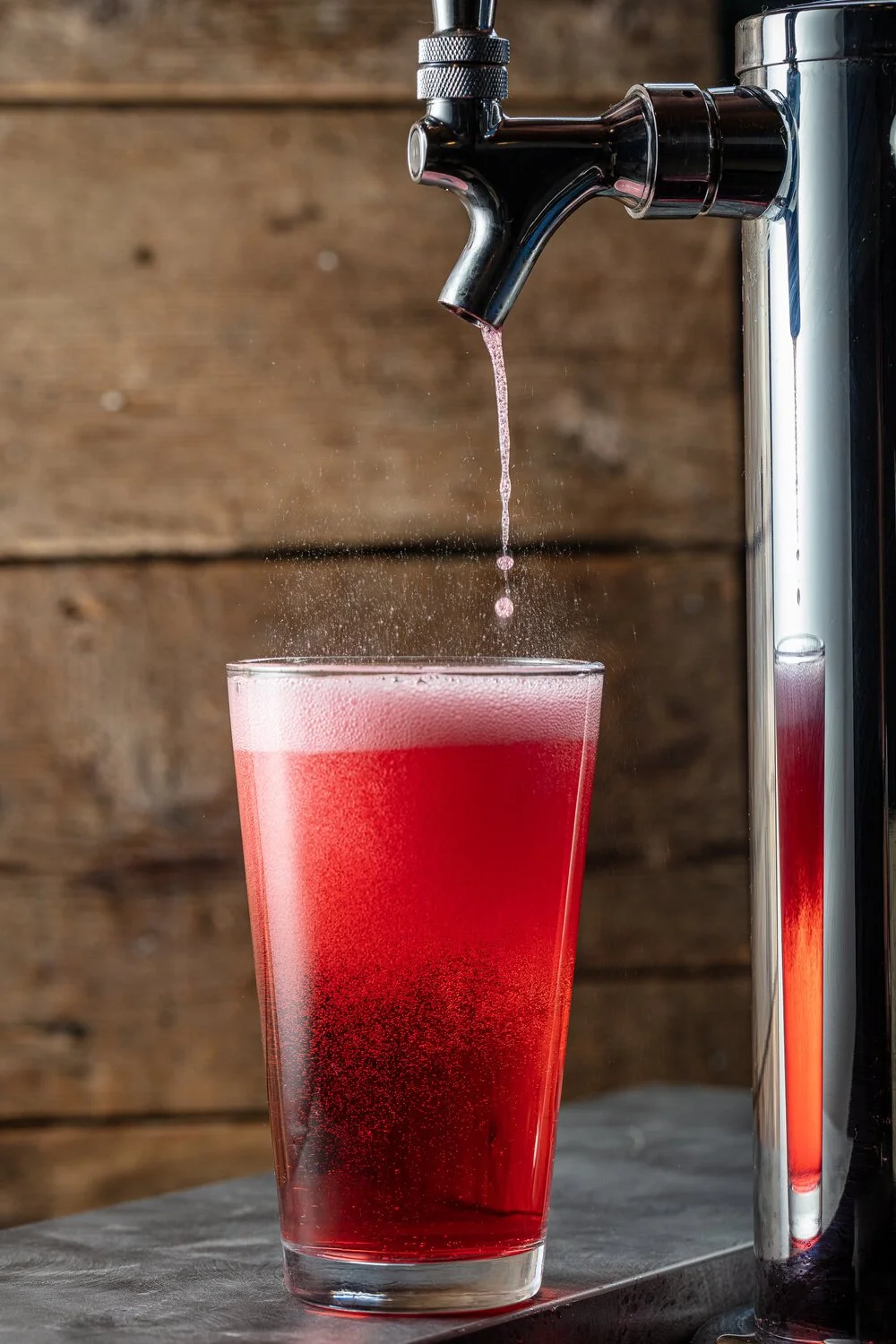 A glass of red beer being poured from a tap with a wooden background.