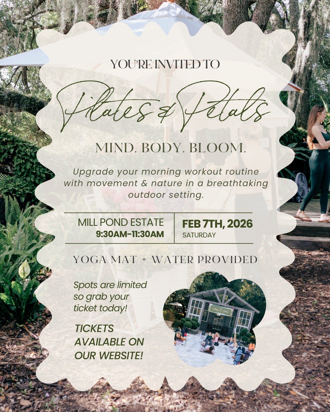 You're invited to our next Pilates &amp; Petals on Saturday, February 7th from 9:30am-11:30am 🌸

Join us at Mill Pond Estate for a morning of energizing Pilates followed by a curated tea experience with light bites 🫖🥪 Stick around to make your own