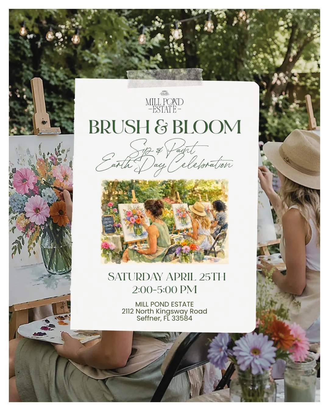 Get ready tap into your creativity &amp; unwind at Mill Pond Estate with Brushes &amp; Blooms: Sip &amp; Paint Earth Day Celebration 🎨 🌎

Join us for a fun, in-person painting session surrounded by good vibes and Earth love while sipping on complim