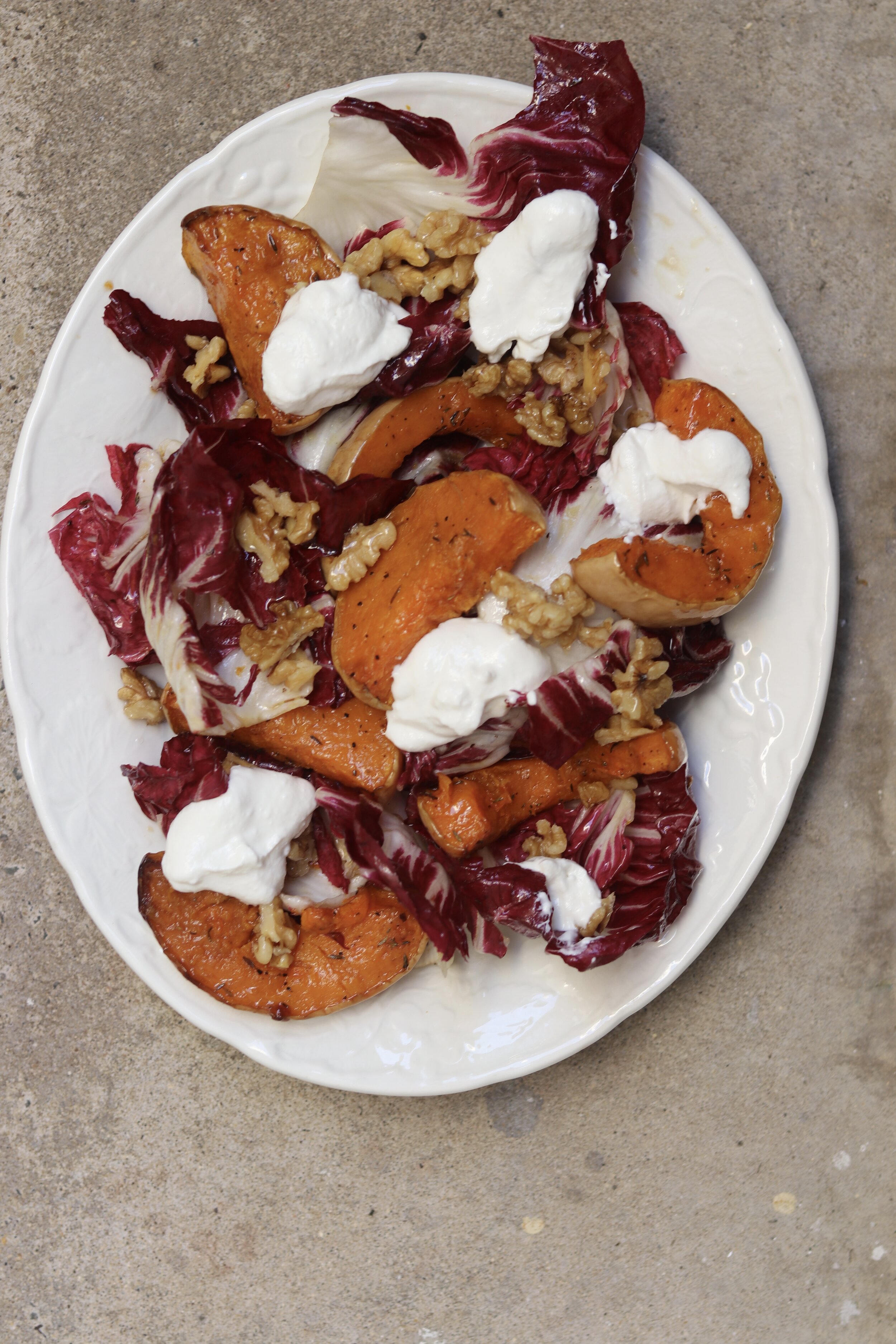 Squash, radicchio, goats curd and candied walnuts with a pomegranate molasses dressing
