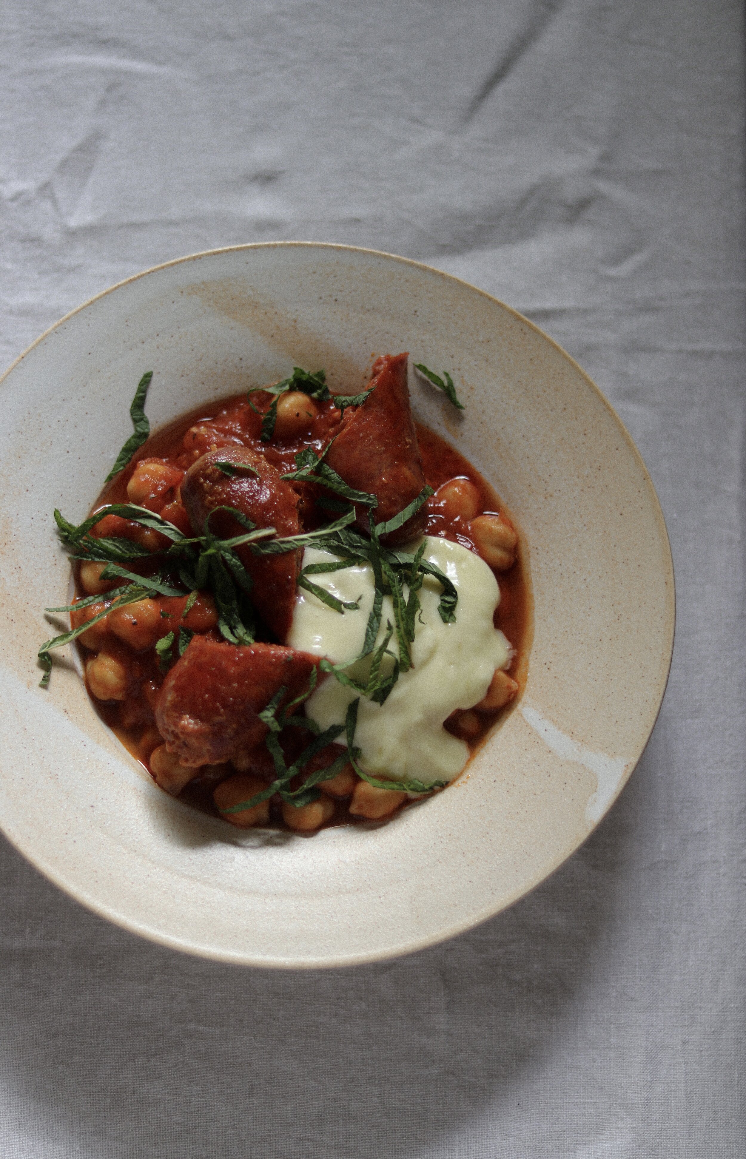 Chickpea and chorizo stew with garlic yogurt