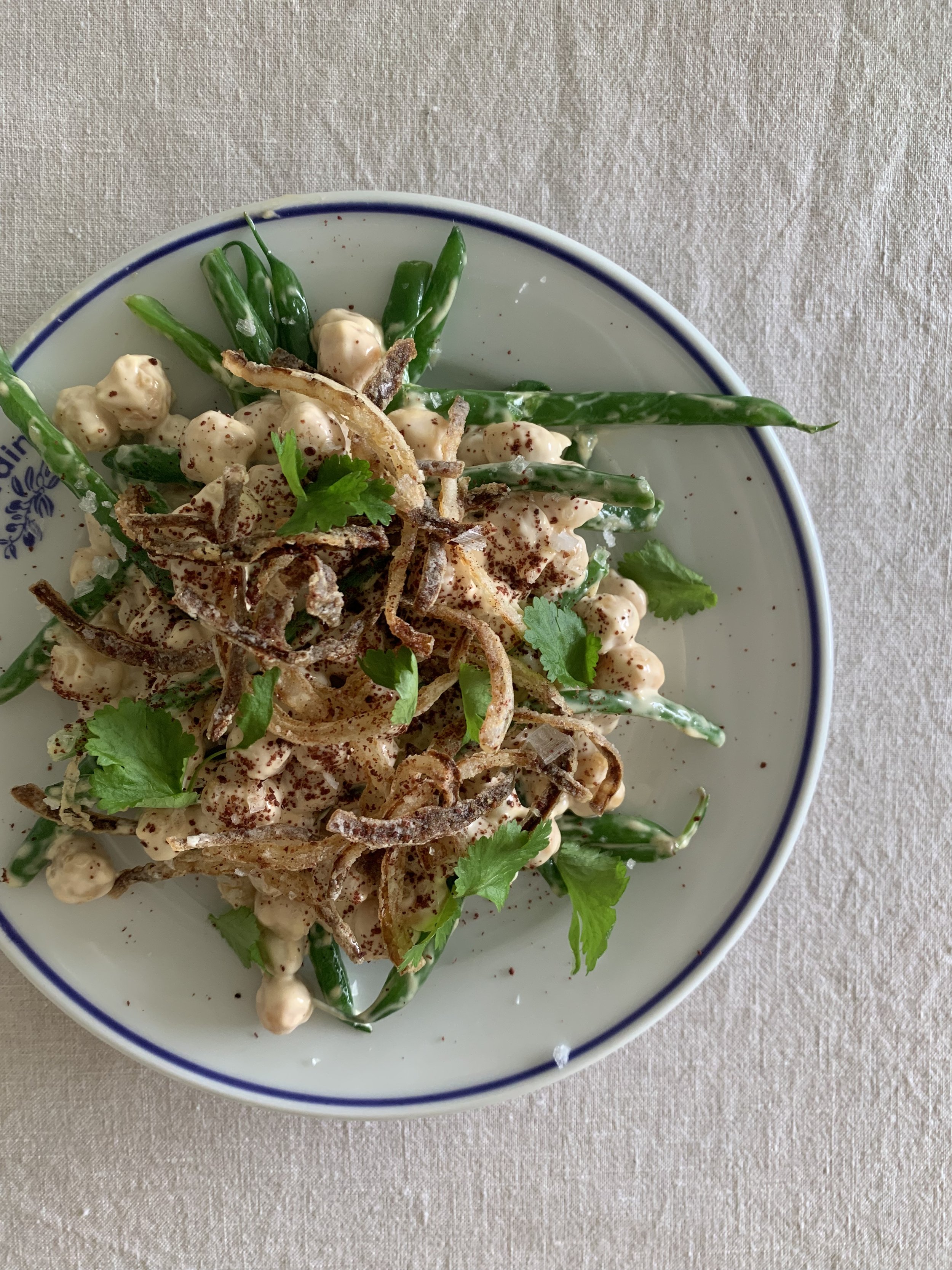Chickpea and green bean salad with preserved lemon mayonnaise and crispy onions