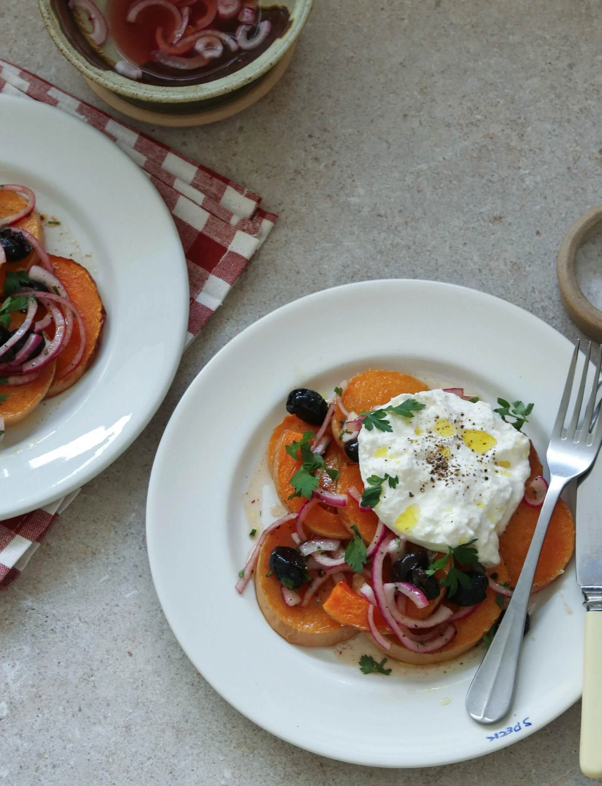 Roast squash, red onion and olives with agrodolce
