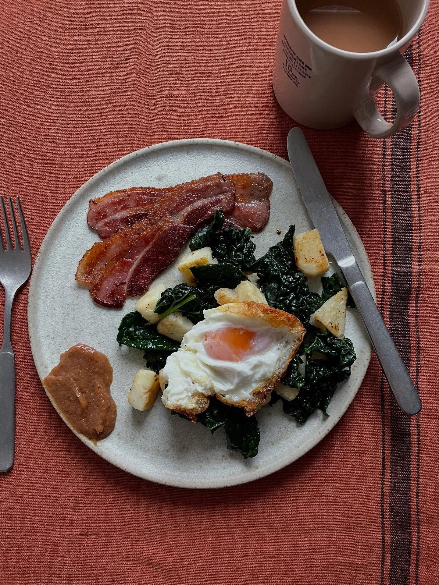 Morning runs round the lake followed by big mugs of tea and celeriac and cavolo nero hash, streaky bacon &amp; rhubarb ketchup