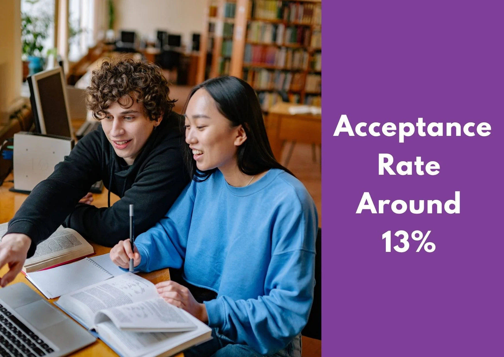 Two Royal Veterinary College students demonstrating the fun student life and a statistic that the RVC has a 13% acceptance rate, highlighting its competitiveness