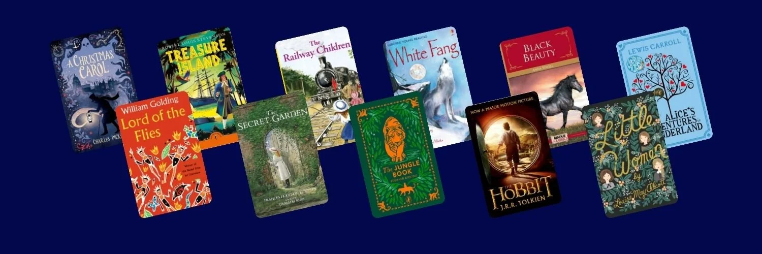 Lord of The Flies, The Secret Garden, The Jungle Book and other 11+ recommended reading by U2 Tuition against a navy background