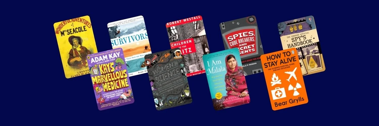 Kay's Marvellous Medicine, How To Stay Alive, Spy's Handbook and other Non-Fiction 11+ recommended reading by U2 Tuition against a navy background