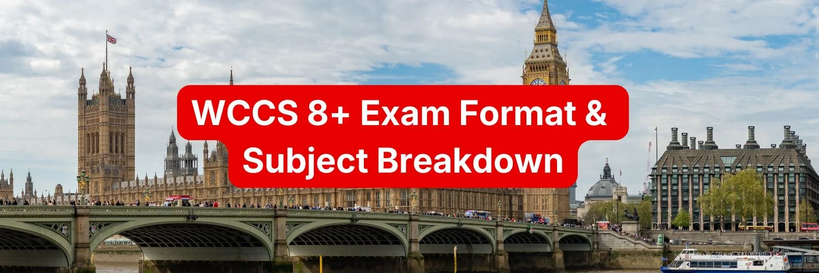 An image of Westminster Cathedral with the text 'WCCS 8+ Exam Format & Subject Breakdown' in WCCS colours.
