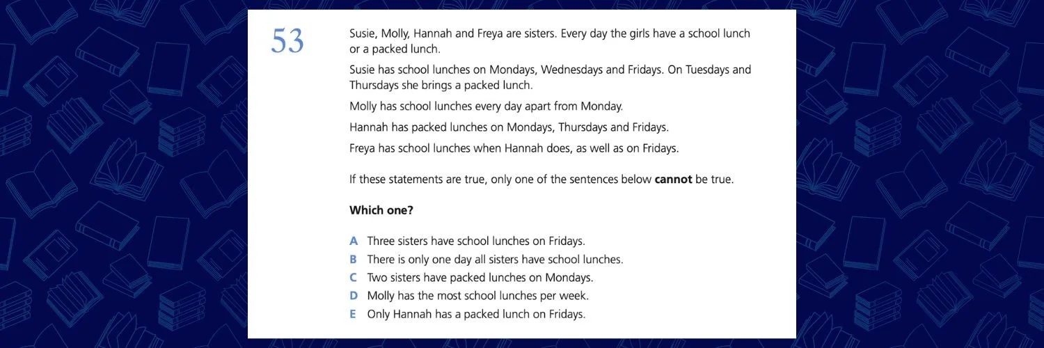 Example 'Logical Deducation' 11 Plus Verbal Reasoning Practice Question against U2 Tuition blue background.