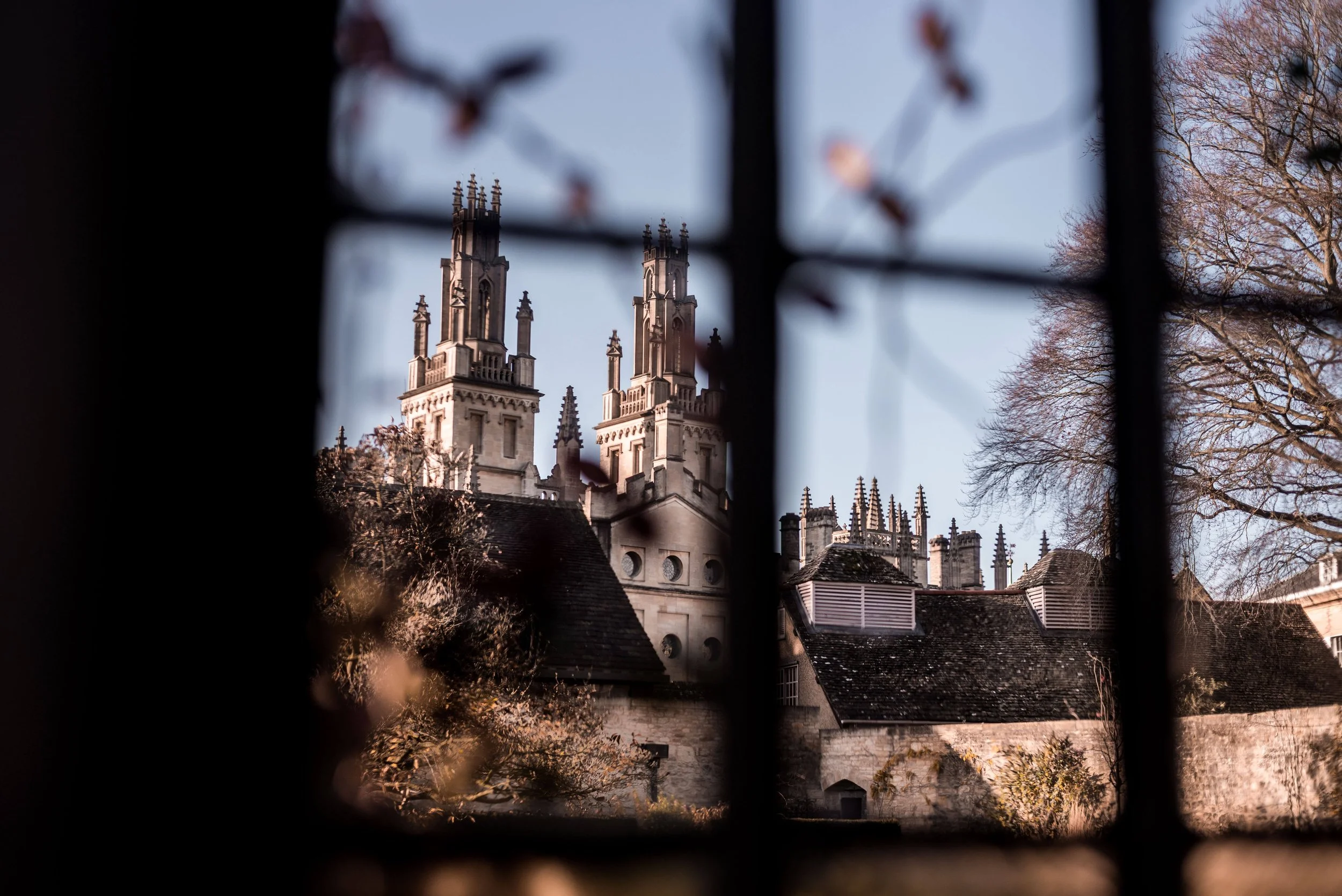 Oxford University college buildings viewed through a window