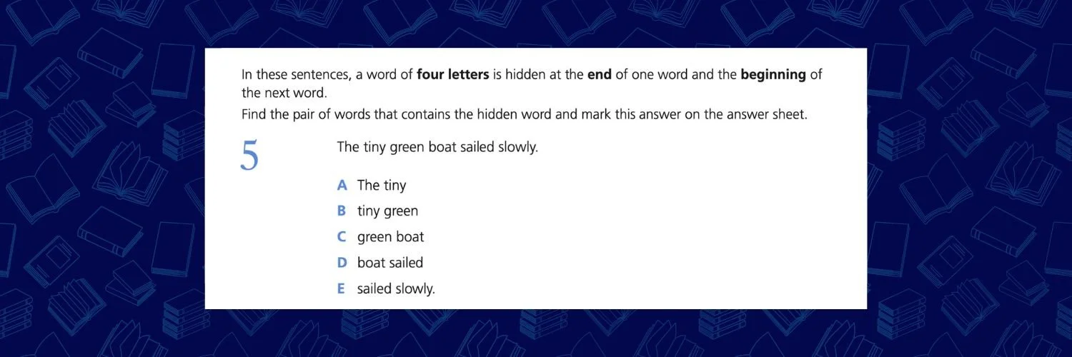 Example 'Hidden Word' 11 Plus Verbal Reasoning Practice Question against U2 Tuition blue background.