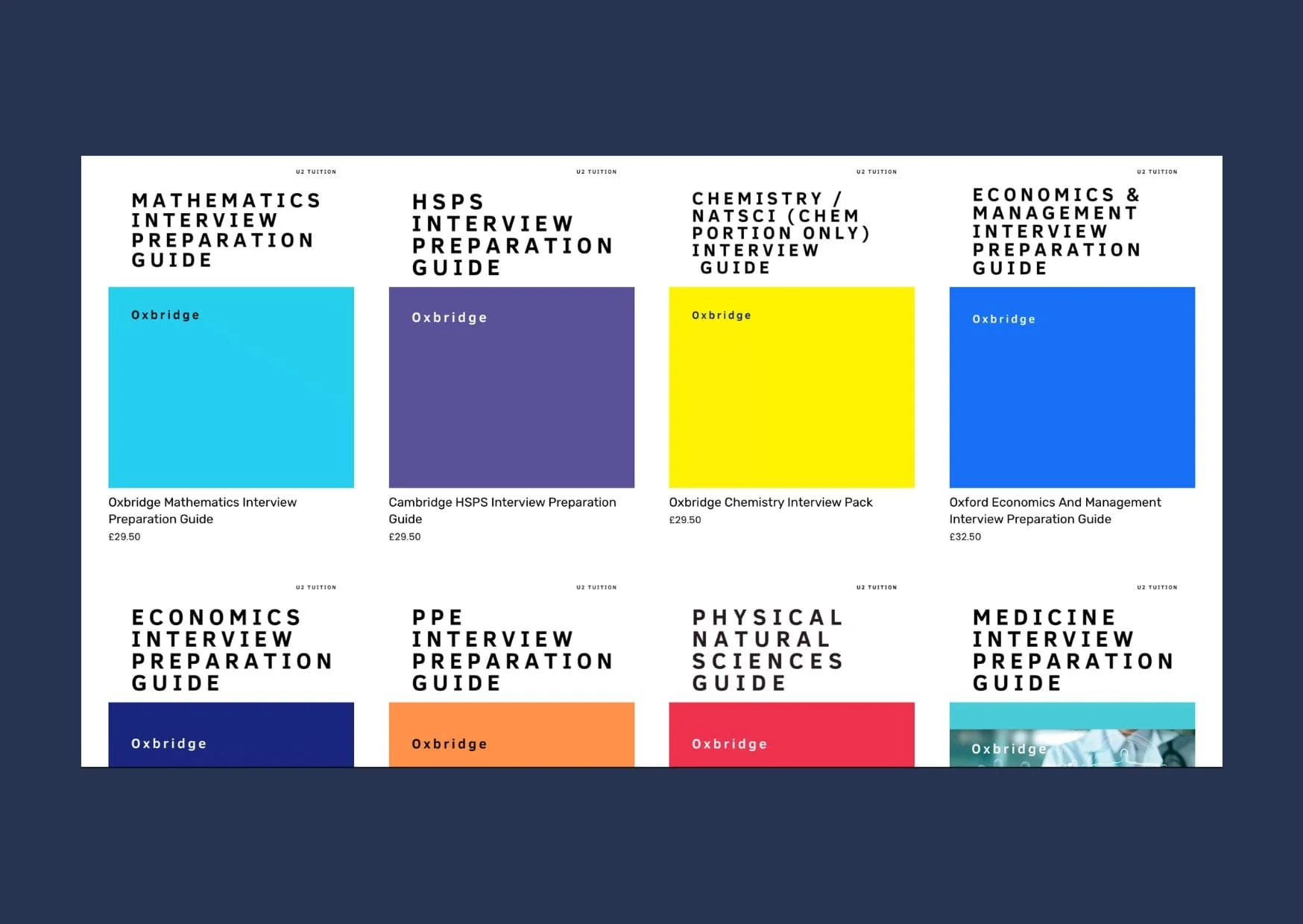 U2 Tuition's interview guides containing past questions and expert advice for Oxbridge mock interviews and interview preparation including PPE, Maths, Economics, and Medicine