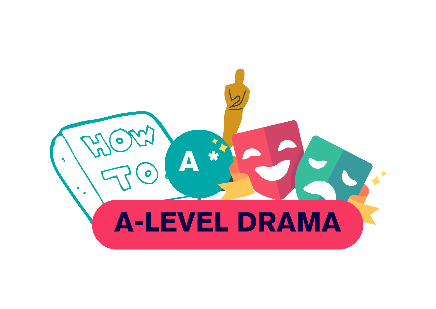 Graphic of book, oscar statue, and actor masks with the text 'How to get an A* A-Level Drama'