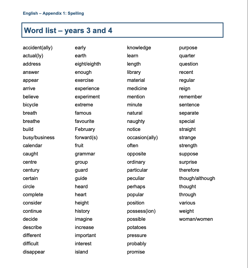 An image of National Curriculum Key Stage Two English Spelling List for Years 3-4
