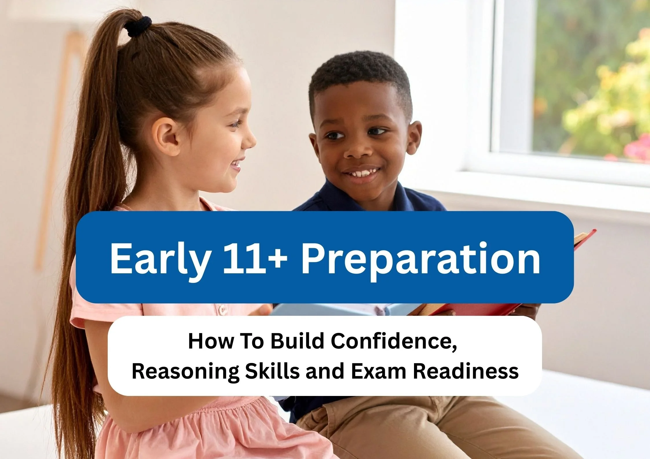 Two children sit reading 11+ practice material. The text 'Early 11+ Preparation: How To Build Confidence, Reasoning Skills and Exam Readiness' sits in front of the imagine in U2 Tuition colours.