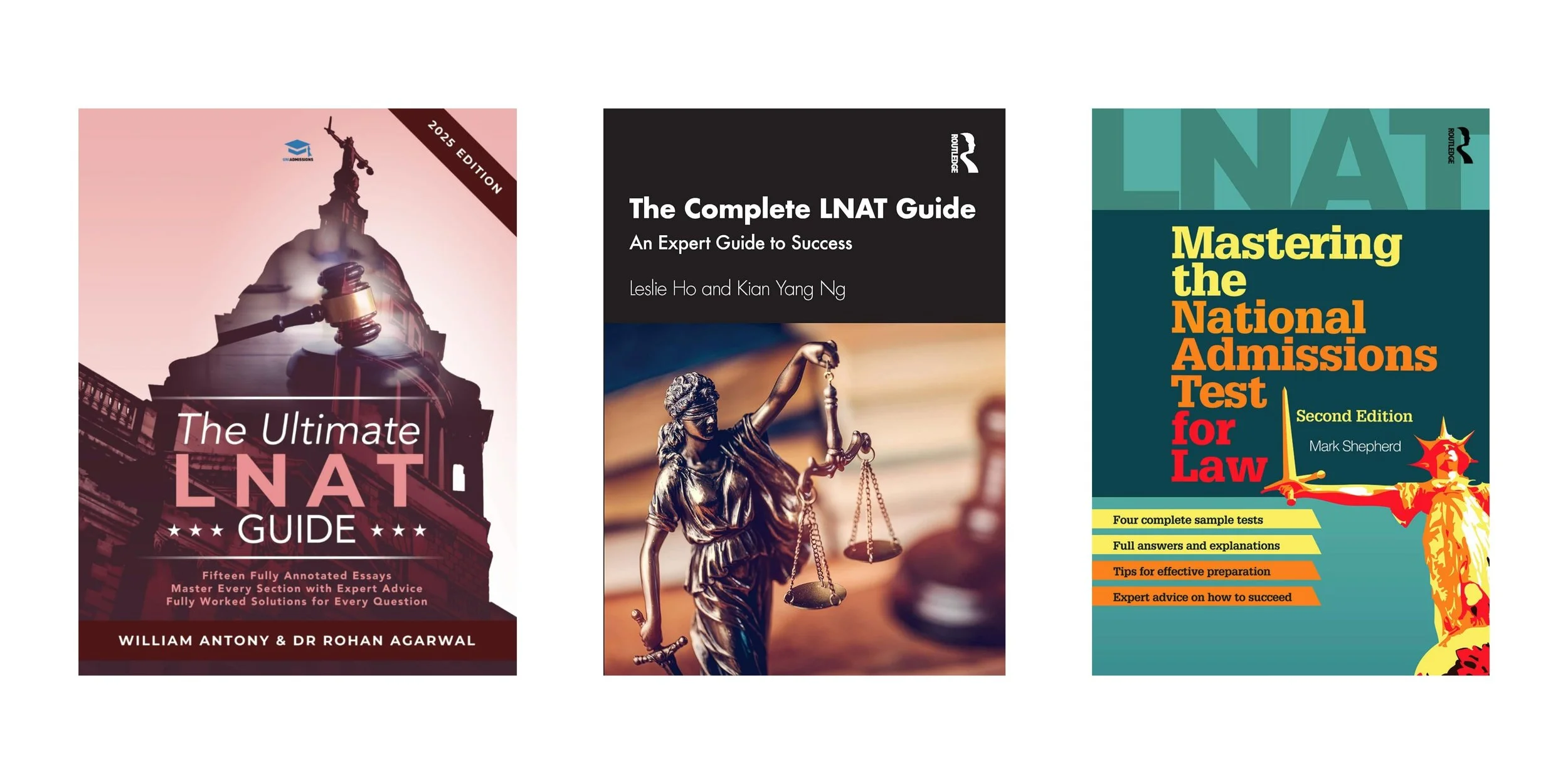 Three LNAT preparation books and study guides for students preparing for the National Admissions Test for Law (LNAT) for UK university Law applications