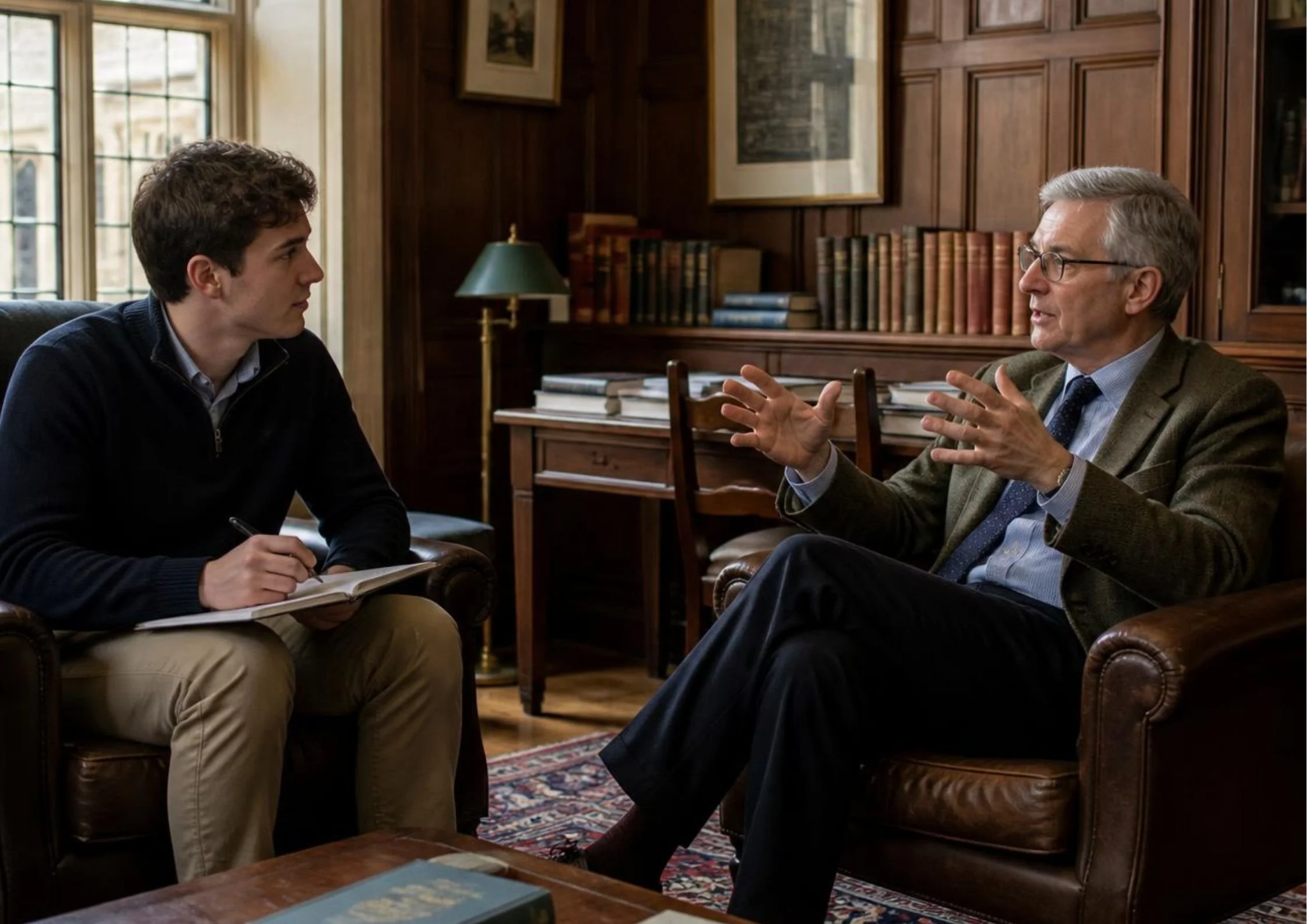 Oxford Law student discussing academic work with a tutor for a BCL reference