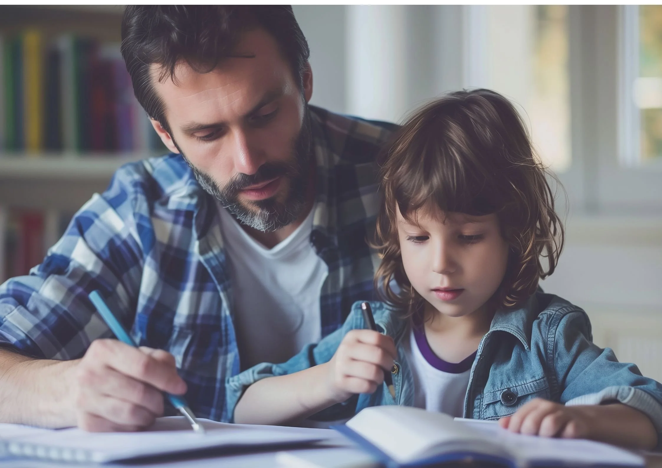 A parent helps to prepare a U2 student with 7+ creative writing preparation.