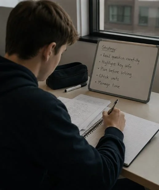 Student working through ESAT-style questions with strategy notes on a whiteboard.