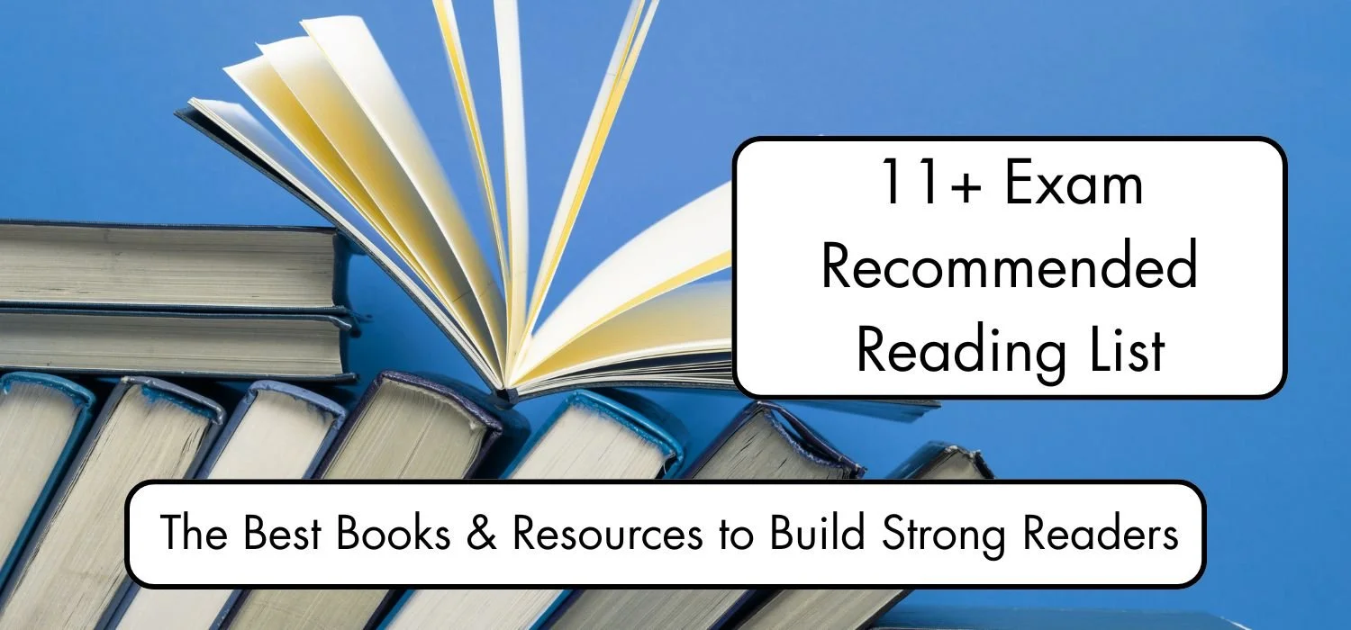 U2's 11+ Exam and Recommended Reading List - The Best Books & Resources to Build Strong Readers against a blue background with books