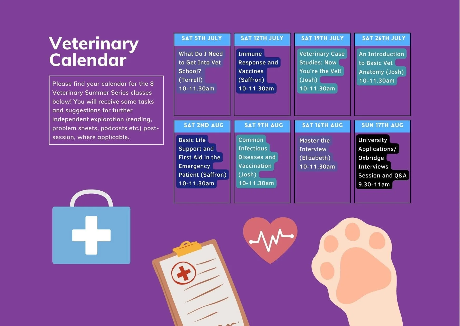 Course calendar for the Minds Underground Veterinary Medicine Summer School, beneficial for RVC applicants and students seeking admission to top UK Vet Schools including advice for those seeking veterinary work experience