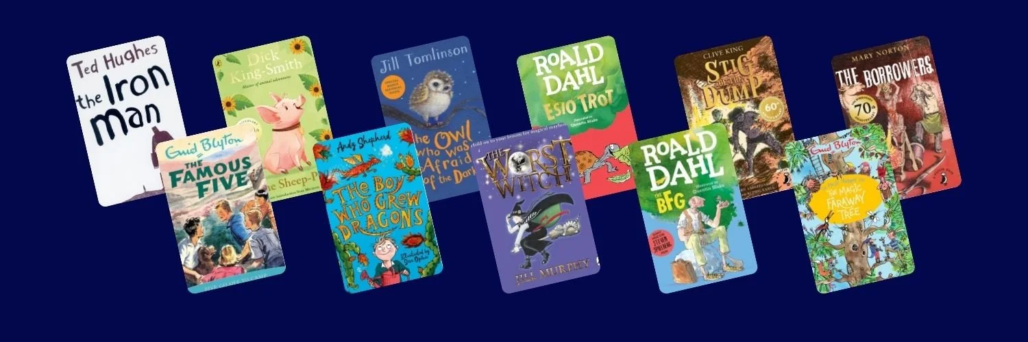 The Iron Man, The Worst Witch, The Boy Who Grew Dragons and other Year 3-4 11+ recommended reading by U2 Tuition against a navy background