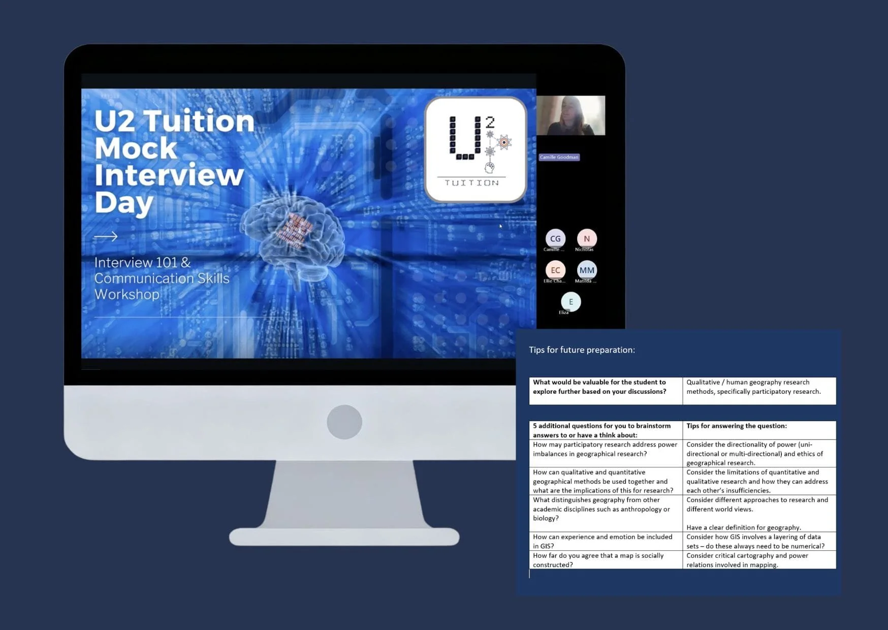 Student attending U2 Tuition's online mock interview day for Oxbridge interview preparation. Detailed geography mock interview feedback