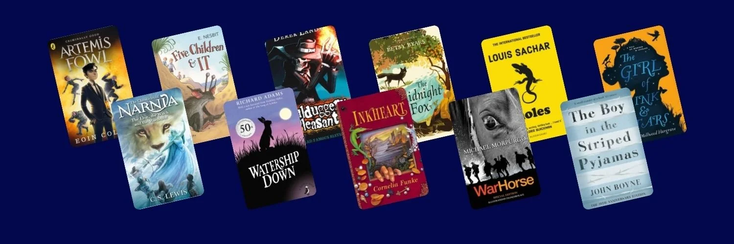 Warhorse, Artemis Fowl, Watership Down and other Year 5-6 11+ recommended reading by U2 Tuition against a navy background