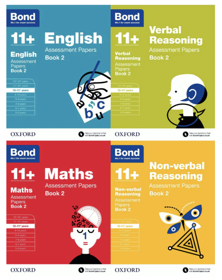 A selection of U2 Tuition's recommended 'BOND' 11+ Practice books.