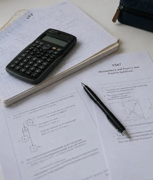 ESAT practice papers, calculator and notebook with maths working on a desk.