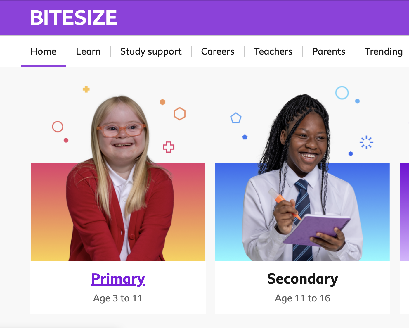 A screenshot of BBC Bitesize's homepage for Primary and Secondary resources. Recommended by U2.